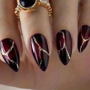 Dark Red with Golden Glitter design glossy  full cover Stone pattern